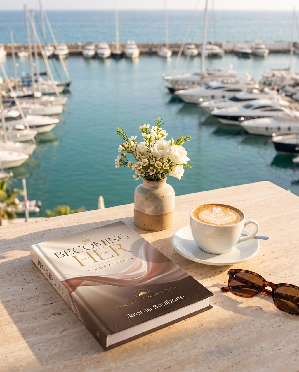 Le livre Becoming Her posé sur une table avec un café, face à la mer